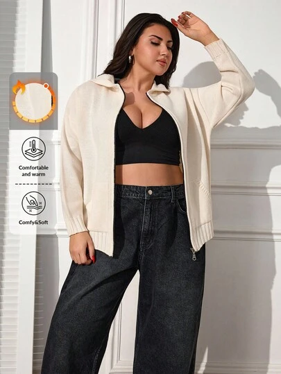 EURMUSE Plus Size Women's Solid Color Hooded Zip-Up Long Sleeve Sweater Cardigan With Pockets