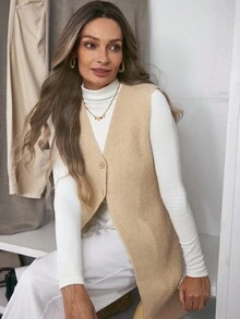 Louniche Women's Elegant Texture, High-End Simple Open-Front Vest, Long Woolen Coat - Apricot - View 5