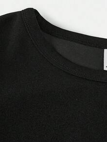 少女修身休闲优雅连衣裙，舒适圆领套头泡泡袖，金箔花朵印花网眼拼布 A 字裙，适合万圣节派对、居家、户外、返校装，黑色 - 黑色 - 查看 8