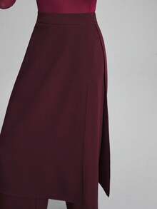 Ontre 女士秋季及踝高腰侧拉链解构两件套裤子，适合城市通勤、商务休闲、办公室穿着、教师装 - 酒紅色 - 查看 2