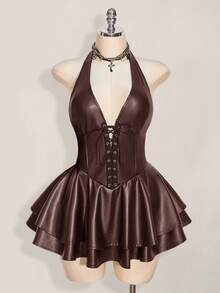 SHEIN ICON Gaun Mini Halter Kulit PU dengan Tali Silang Belakang Terbuka untuk Wanita Ukuran Plus, Gaya Goth Musim Gugur Cokelat untuk Pesta Malam di Klub, Y2k Gyaru, Konser, Pesta Festival, Rave - Coklat - View 3