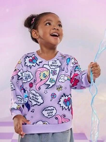 My Little Pony X SHEIN Young Girl Casual Fashionable Street Style Cute Cartoon & Slogan Graphic Dropped Shoulder Loose Pullover Sweatshirt, Autumn/Spring Sleepwear Kids - Multicolor - View 3