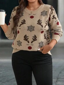 EMERY ROSE Plus Size Women's Christmas Party Snowflake Knit Sweater Top - Multicolor - View 5