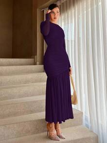 Aloruh Women's Elegant Party Solid Color Ruched Dress - Bold Plum - View 4