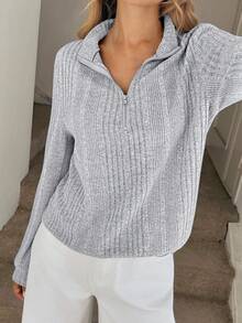 Easowa T-shirt décontracté vintage pour femmes en tissu côtelé texturé et doux avec col zippé - Gris - Voir 3