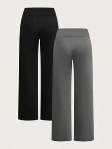 SHEIN EZwear 2 件套女士休闲高腰折叠阔腿直筒裤，适合夏季 - 彩色 - 查看 2