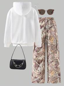 2pcs/Set Tween Girls Letter Print Hoodie Sweatshirt + Green Cargo Pants Casual Street Style Outfit, Autumn/Winter Fall - Multicolor - View 2