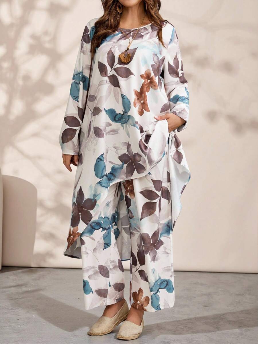 EMERY ROSE 大码女式度假植物印花长袖不对称下摆长款上衣和裤子休闲两件套秋季女装冬季女装乡村风格 - 彩色 - 查看 1