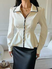 Serisse Elegant Black And White Contrast Trim Puff Sleeve Fitted Shirt For Women,Autumn Waist-Cinching Peplum Hem Blouse,Business Casual Tea Party Office Tops - Apricot - View 1