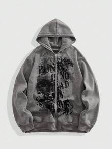 ROMWE MEN Grunge Punk 男士 KPOP 秋季暗黑标语和朋克风印花拉链连帽卫衣，长袖上衣 - 深灰色 - 查看 1
