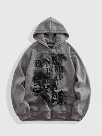 Street Life Sudadera con capucha con cremallera delantera con estampado de eslogan y ojo para hombre, otoño