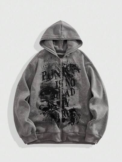 Street Life Men's Autumn Dark Slogan & Eye Punk Print Zip Front Hoodie Sweatshirt