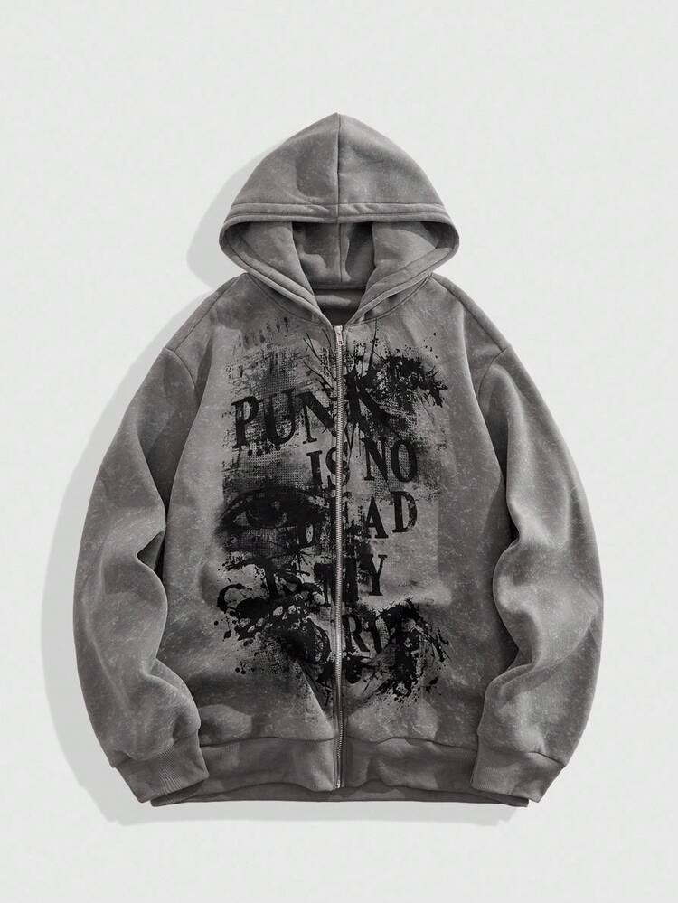 ROMWE MEN Grunge Punk 男士 KPOP 秋季暗黑标语和朋克风印花拉链连帽卫衣，长袖上衣 - 深灰色 - 查看 1
