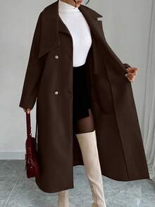 Elenzga 女士纯色双排扣羊毛大衣，时尚通勤，秋冬 - 咖啡棕 - 查看 8