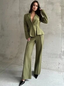 Firerie Women's Elegant Commuter Casual Daily Urban Chic Teacher Outfit, New Stylish Blazer Jacket With Waist Cinching And High-Waisted Pants, 2 Pieces Set In Military Green, Autumn/Winter