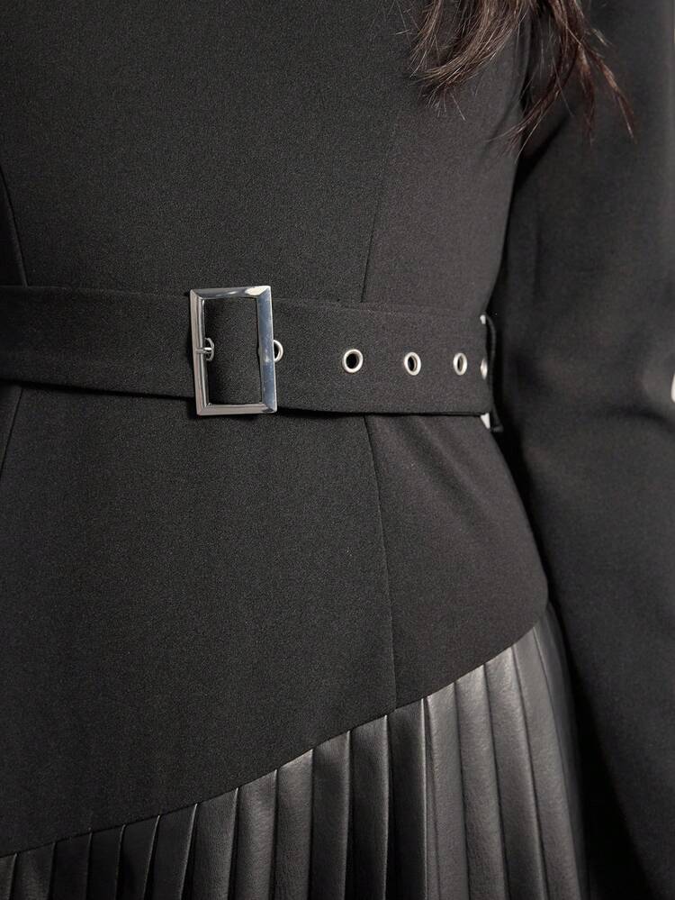 Vestido Plissado Recortado Estilo Coreano para Afinar a Cintura, Roupa para Ir e Vir no Outono/Inverno - Preto - Visão 8