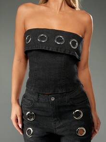 MISSGUIDED Cotton Trendsetting Denim Corset Top Strapless Metal Eyelet Embellished Fold Over Dark Wash Statement Bustier Street Style Festival Chic