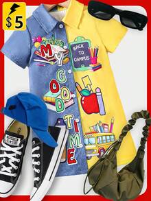 SHEIN Young Girl's Spring/Summer Two-Tone Letter & Book Print Shirt Dress, School, Campus, College Summer Holiday - Multicolor - View 1