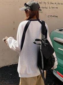 DAZY Women's V-Neck Contrast Color Patchwork Loose Letter Print Streetwear Casual Pullover Sweatshirt, Autumn/Winter - Light Grey - View 4