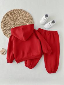 男婴休闲可爱百搭蓝色针织连帽衫和松紧腰裤套装 - 紅色 - 查看 2