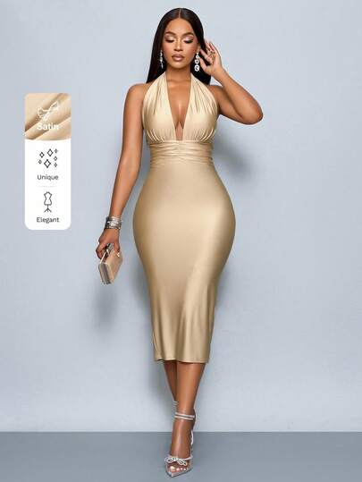 SOLERSUN Sexy Women's Deep V-Neck Halter Sleeveless Dress Maxi Women Outfit