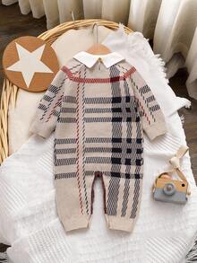 SHEIN 1 件卡其色婴儿连体衣，白色彼得潘领长袖休闲简约连体衣 - 卡其色 - 查看 2