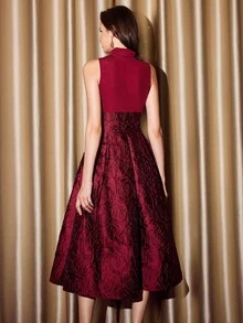 Vintamour 复古经典优雅派对女式连衣裙，修身混合材质拼布针织梭织连衣裙，高领无袖提花连衣裙，酒红色 - 酒紅色 - 查看 2