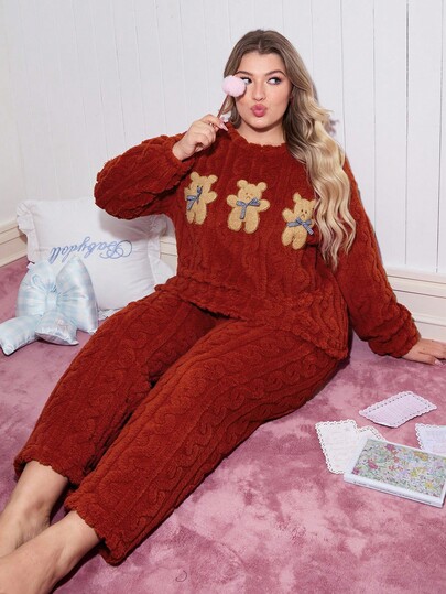 SweetSlumber Cute Bear Embroidered Twist Cut Plush Warm & Comfortable Plus Size Pajama Set, Cozy Outfit, Winter Clothes