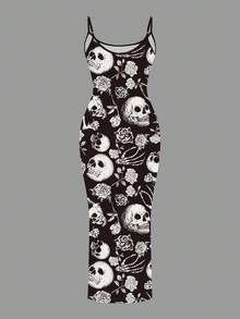 Slaydiva 2025/Summer Outfits For Women/Fall Women Clothes/Summer Dresses For Women/Elegant Dresses For Women/Wedding Guest Dress Women/Vacation Outfits Woman/Going Out/Classy Outfits For Women/Skull Floral Witch Graphic/ Halloween /Casual Minimalist Sleeveless Dress Chic Dress - Multicolor - View 3