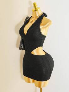 Mistrie Women's Sexy Lace Halter Tie Wrap Dress - Black - View 6