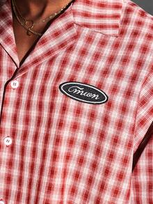 SUMWON Áo sơ mi dáng crop-top cổ điển họa tiết caro đỏ cỡ lớn cài nút, tay dài thường ngày, thêu hình mặt trăng, phong cách Rockabilly cổ điển - Đỏ - Xem 4