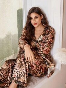 MuseNap CURVE Leopard Rose Print Lapel Collar Long Sleeve Top & Pants Plus Size Pajama Set, Fall Winter Clothes - Multicolor - View 3