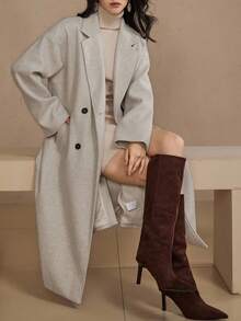 DAZY 女士优雅宽松长款大衣，秋冬款 - 杏色 - 查看 9