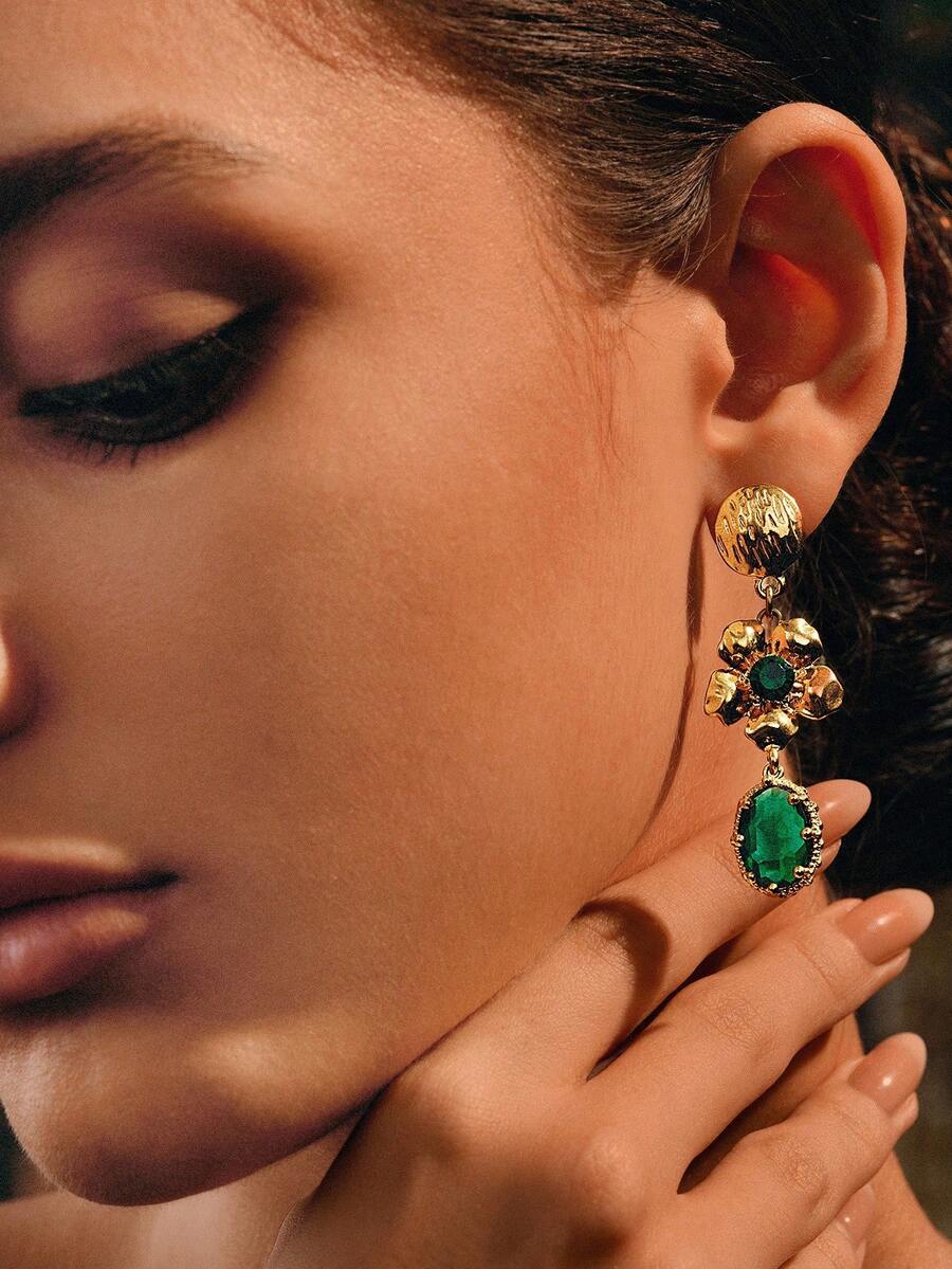Glisma 18K Gold-Plated Vintage Exaggerated Earrings For Women, Elegant & Fashionable,Party,Night Club,Shopping,Vintage,PREMIUM,Zirconia,Rhinstone,Western Jewelry,Old Money,Gemstone,Outfits,Fall/Autumn/Winter,For Mom/Women/Girl/Mother,Premium - Gold - View 1