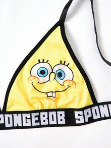 SpongeBob SquarePants | SHEIN Women's Yellow & Pink Colorblock Cartoon Pattern Spaghetti Strap Sexy & Comfy Bikini Bra And Boyshorts Set,Kawaii,Y2K,Cute,Sweet, Funny Lingerie Cute Underwear Set