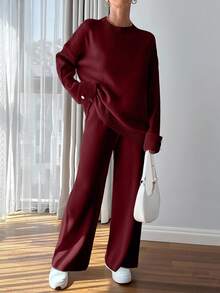 SHEIN Tall Women Button Detailed Sweater And Pant Set - Burgundy - View 4