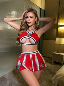 2 chiếc trang phục cổ vũ Halloween cho nữ bóng đá, váy xếp ly chắp vá bằng vải sequin và áo ngực khoét lỗ, trang phục dự tiệc âm nhạc cho nữ, trang phục Giáng sinh - Đỏ - Xem 5