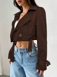 SHEIN EZwear 女式巧克力棕色翻领纽扣前长袖短款风衣，秋季 - 巧克力棕 - 查看 3