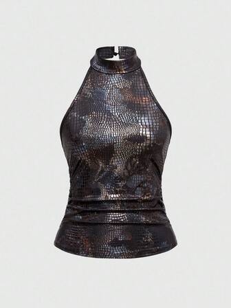 Grunge Punk Top ajustado con estampado animal recubierto y escote halter con estilo retro Y2K