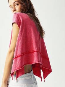 Bohemela Áo thun nữ cổ tròn dệt kim màu trơn thường ngày có viền bất đối xứng - Màu Đỏ Sâu - Xem 4