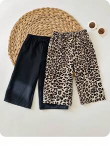 Baby Girl 2pcs Set: Loose Leopard Print Wide Leg Pants And Solid Black Wide Leg Pants , Casual Chic Outfits For Autumn/Winter - Black - View 3