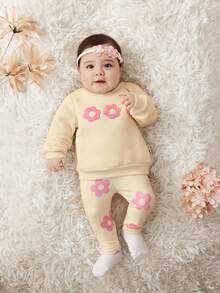 SHEIN Newborn Baby Girls Winter Knitted Floral Embroidered Long Sleeve Sweatshirt & Floral Knitted Pants Set, Suitable For Outings And Casual Wear - Apricot - View 11