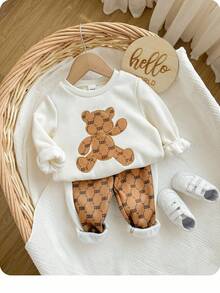 SHEIN 新生男婴休闲可爱卡通图案长袖卫衣和裤子套装，秋冬 - 彩色 - 查看 4