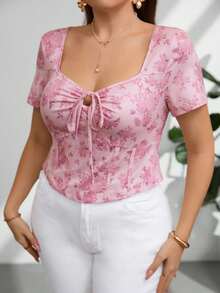 Firerie Plus Size Pink Graphic Drawstring Asymmetric Fish Bone Cropped T-Shirt - Pink - View 3