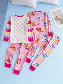 SHEIN | PAW Patrol 4 件套小女孩卡通可爱小狗爪子和彩虹条纹全身印花拼色舒适家居服睡衣套装，春秋 - 粉色 - 查看 3