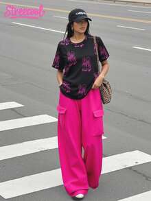 Teen Girls 2pcs Set: Graphic Print Round Neck T-Shirt + Deep Pink Cargo Pants - Hot Pink - View 1