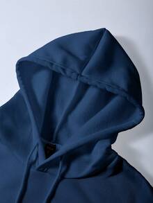 Manfinity Dauomo 男士休闲标语印花长袖连帽卫衣，秋冬 - 藍色 - 查看 5