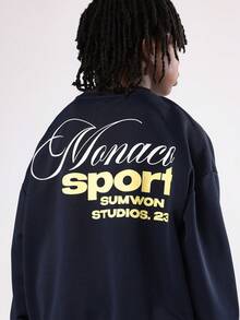 SUMWON Monaco Sport 23 系列运动衫和阔腿运动裤套装秋冬青年时尚套装带金色字母奢华风格两件套休闲装 - 藏蓝色 - 查看 5