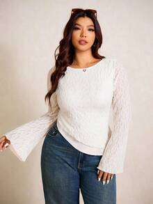 Elaquor Women Plus Size Asymmetric Hem Solid Color Long Sleeve T-Shirt, Minimalist Spring - White - View 4