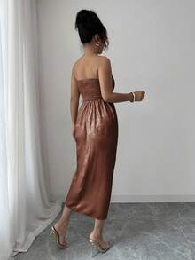 Elenzga Váy Halloween không tay nhún eo xẻ tà vải bóng thanh lịch lãng mạn tinh tế dành cho nữ - Cà phê - Xem 2